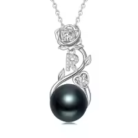 TOUPOP Sterling Silver Black Pearl Rose Letter Pendant Necklace-style_name:Rose Letter R