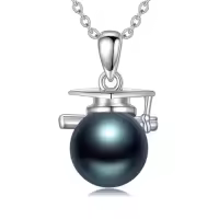TOUPOP S925 Sterling Silver Black Freshwater Pearl Graduation Owl Pendant Necklace-style_name:Bachelor Cap