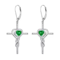TOUPOP 925 Sterling Silver Birthstone Cross Heart Drop Earrings-color_name:05-May-Emerald