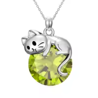 TOUPOP Sterling Silver Cat Birthstone Pendant Necklace Gift for Women-color_name:08-August-Peridot