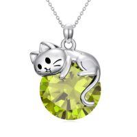 wholesale Cat Birthstone Necklace 925 Sterling Silver Cats Pendant Jewelry Birthday Christmas Gifts For Women Cat Lovers -color_name:08-August-Peridot