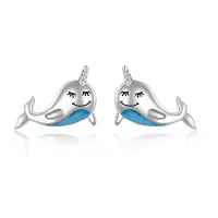 TOUPOP Sterling Silver Opal Animal Stud Earrings Wolf Narwhal Frog Bee Butterfly Sea Turtle-color_name:Narwhal