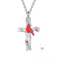 TOUPOP Sterling Silver Crystal Red Cardinal Urn Necklace For Ashes-style_name:Red Cardinal Urn Necklace