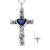 TOUPOP Sterling Silver Birthstone Cross Urn Necklace for Ashes with Filler-color_name:09-September-Sapphire