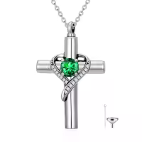 TOUPOP Sterling Silver Birthstone Cross Urn Necklace For Ashes Memorial Keepsake-color_name:05-May-Emerald