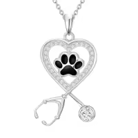 TOUPOP Sterling Silver Stone Paw Print Stethoscope Dog Necklace-style_name:Paw Print Heart Necklace