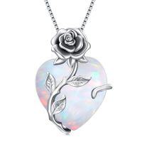 wholesale TOUPOP Christmas Gifts For Women Birthstone Necklace 925 Sterling Silver Rose Flower Heart Pendant Necklace Fine Jewelry Anniversary Birthday Gifts For Women Her Wife Girlfriend Mom -color_name:13-Oct - Created Opal