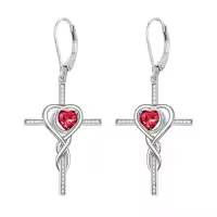 TOUPOP 925 Sterling Silver Birthstone Cross Heart Drop Earrings-color_name:01-January-Garnet