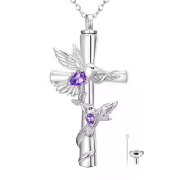 TOUPOP White Gold Plated S925 Sterling Silver Citrine Memorial Urn Necklace-color_name:Hummingbird Cross Urn-Feb