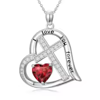 TOUPOP Sterling Silver Birthstone Heart Cross Necklace-color_name:01-January-Garnet