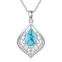 wholesale TOUPOP Filigree Moonstone/opal/moss Agate/black Onyx/turquoise Necklace Sterling Silver Teardrop Bohemian Pendant Necklace Jewelry Anniversary Birthday Christmas Gifts For Women Her -color_name:Turquoise