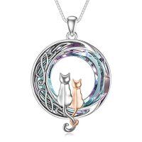 wholesale TOUPOP Christmas Cat Gifts For Cat Lovers One Two Three Four Cats Necklace Sterling Silver Cats On The Moon Pendant Necklace With Blue Circle Crystal Birthday Christmas Celtic Jewelry Gifts For Women -color_name:2 Cats(Silver and Rose Gold)-Purple Crystal-02-A