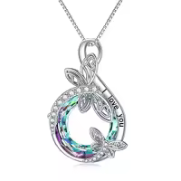 TOUPOP Sterling Silver Crystal Dragonfly Butterfly Pendant Necklace-style_name:B-Dragonfly Necklace-I love you-Purple Circle Crystal