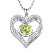 wholesale I Love You To The Moon And Back Necklaces For Women 925 Sterling Silver Double Heart Necklace With 12 Birthstone Jewelry Birthday Anniversary Mothers Day Christmas Gifts For Her Wife Girlfriend Mom -color_name:8-Aug-Peridot