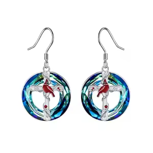 Red Cardinal Earrings with Blue Circle Crystal