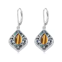 TOUPOP Sterling Silver Abalone Shell Filigree Teardrop Dangle Earrings-color_name:Tiger Eye Stone
