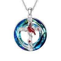 wholesale TOUPOP Christmas Gifts Red Cardinal Pendant Necklace S925 Sterling Silver Crystal Cardinal Jewelry Bird Memorial Tree Pendant Jewelry Gift For Women -style_name:Red Cardinal Necklace with Blue Circle Crystal