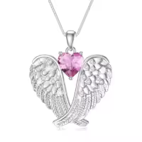 TOUPOP Sterling Silver Birthstone Angel Wings Necklace Pendant Gift-style_name:10-Oct-Pink