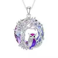 TOUPOP Sterling Silver Crystal Owl/Hummingbird Tree Of Life Pendant Necklace-color_name:01-Purple Owl