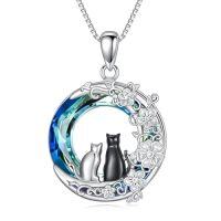 wholesale TOUPOP Cat Gifts For Women Sterling Silver Cat Necklaces With Circle Crystal Cat Lovers Jewelry Gifts For Women Girls Birthday Christmas -style_name:Two Cats-1