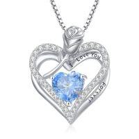 wholesale 925 Sterling Silver Double Heart Rose Necklace With 12 Birthstone Jewelry Birthday Anniversary Christmas Gifts For Her Wife Girlfriend Mom -color_name:3-Mar-Aquamarine