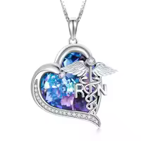 TOUPOP 925 Sterling Silver Crystal Nurse Pendant Necklace-style_name:RN Caduceus Necklace with Purple Heart Crystal