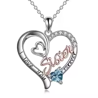 TOUPOP Sterling Silver & Birthstone I Love You Forever Sister Pendant Gift-color_name:03 Mar - Created Aquamarine