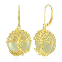 TOUPOP 14K Gold Plated Sterling Silver Round Natural Jade Earrings-style_name:B-Tree of Life-Jade