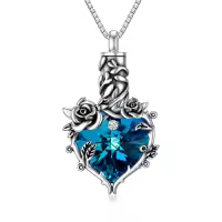 TOUPOP 925 Sterling Silver Rose Cremation Necklace with Crystal Heart Keepsake Urn-color_name:Blue