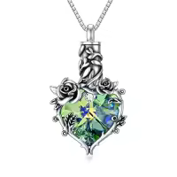 TOUPOP 925 Sterling Silver Rose Cremation Necklace with Crystal Heart Keepsake Urn-color_name:Aurore Boreale