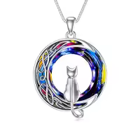 TOUPOP Sterling Silver Blue Crystal Cats On The Moon Pendant Necklace-color_name:1 Cat(Silver)-Volcano Crystal-01-A