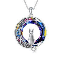 wholesale TOUPOP Christmas Cat Gifts For Cat Lovers One Two Three Four Cats Necklace Sterling Silver Cats On The Moon Pendant Necklace With Blue Circle Crystal Birthday Christmas Celtic Jewelry Gifts For Women -color_name:1 Cat(Silver)-Volcano Crystal-01-A