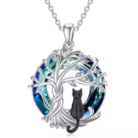 TOUPOP Sterling Silver Blue Crystal Cute Cats Tree Of Life Pendant Necklace-color_name:1 Cat(Black)-Blue Crystal-01-C