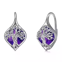 TOUPOP Sterling Silver Birthstone Tree Of Life Leverback Earrings Gifts For Women Teens Birthday-style_name:B-Feb.