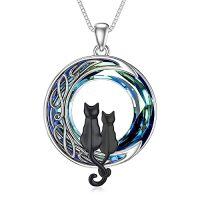 wholesale TOUPOP Christmas Cat Gifts For Cat Lovers One Two Three Four Cats Necklace Sterling Silver Cats On The Moon Pendant Necklace With Blue Circle Crystal Birthday Christmas Celtic Jewelry Gifts For Women -color_name:2 Cats(Black and Black)-Blue Crystal-02-F