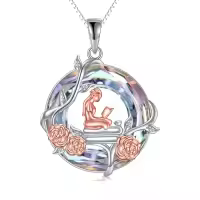 TOUPOP Sterling Silver Crystal Rose Sunflower Reading Circle Pendant Necklace-color_name:Rose Flower-Purple Crystal