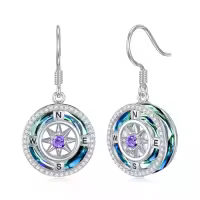 TOUPOP Sterling Silver Crystal Compass Dangle Earrings Birthday Gift For Women-color_name:A-02-February-Amethyst