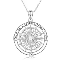 TOUPOP Sterling Silver Compass Pendant Necklace For Women Men Birthday Anniversary Gift-style_name:Compass Necklace-1