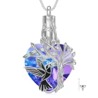 TOUPOP Sterling Silver Amethyst Heart Tree Of Life Cremation Urn Necklace-style_name:Hummingbird