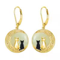 TOUPOP 14K Gold Plated Sterling Silver Round Natural Jade Earrings-style_name:C-Cat Two-Gold