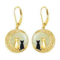 wholesale Natural Jade Earrings For Women 14k Gold Plated Sterling Silver Round Jade Jewelry Birthday Christmas Gifts For Women Mom Her -style_name:C-Cat Two-Gold