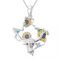 TOUPOP Sterling Silver Bluebonnets Texas Map Flag Pendant Jewelry-style_name:Longhorn Cow