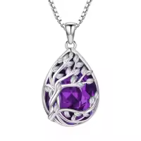 TOUPOP Sterling Silver Crystal Tree Of Life Birthstone Necklace Family Pendant Gift-color_name:Tedardrop-02-February-Amethyst