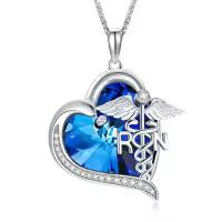 TOUPOP Sterling Silver Crystal Nurse Necklace Caduceus Pendant Jewelry-color_name:A-Caduceus Necklace-Blue Heart Crystal