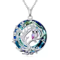 TOUPOP Sterling Silver Crystal Tree Of Life Hummingbird Dragonfly Necklace-style_name:Owl