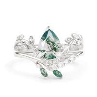 wholesale TOUPOP Natural Moss Agate Moissanite Wedding Ring Set For Women Pear Shaped Natural Moss Agate Ring Bridal Set 925 Sterling Silver 10k 14k 18k Solid Gold Engraved Egagement Anniversary Ring For Wife -style_name:F Moss Agate Moissanite Ring