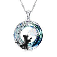 wholesale TOUPOP Cat Gifts For Cats Lovers 925 Sterling Silver Black Cat Necklace Celtic Moon Birthstone Jewelry For Women Christmas Birthday Gifts For Her -color_name:10-October-Opal