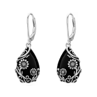 TOUPOP Sterling Silver Black Onyx Daisy Hibiscus Lotus Rose Peony Sunflower Dangle Earrings-style_name:Daisy