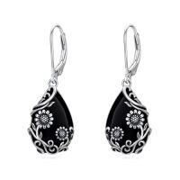 wholesale Daisy/hibiscus/lotus/rose/peony/sunflower Earrings 925 Sterling Silver Teardrop Black Onyx Dangle Earrings Vintage Flower Jewelry Gifts For Women -style_name:Daisy