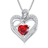 wholesale 925 Sterling Silver Double Heart Rose Necklace With 12 Birthstone Jewelry Birthday Anniversary Christmas Gifts For Her Wife Girlfriend Mom -color_name:1-Jan-Garnet
